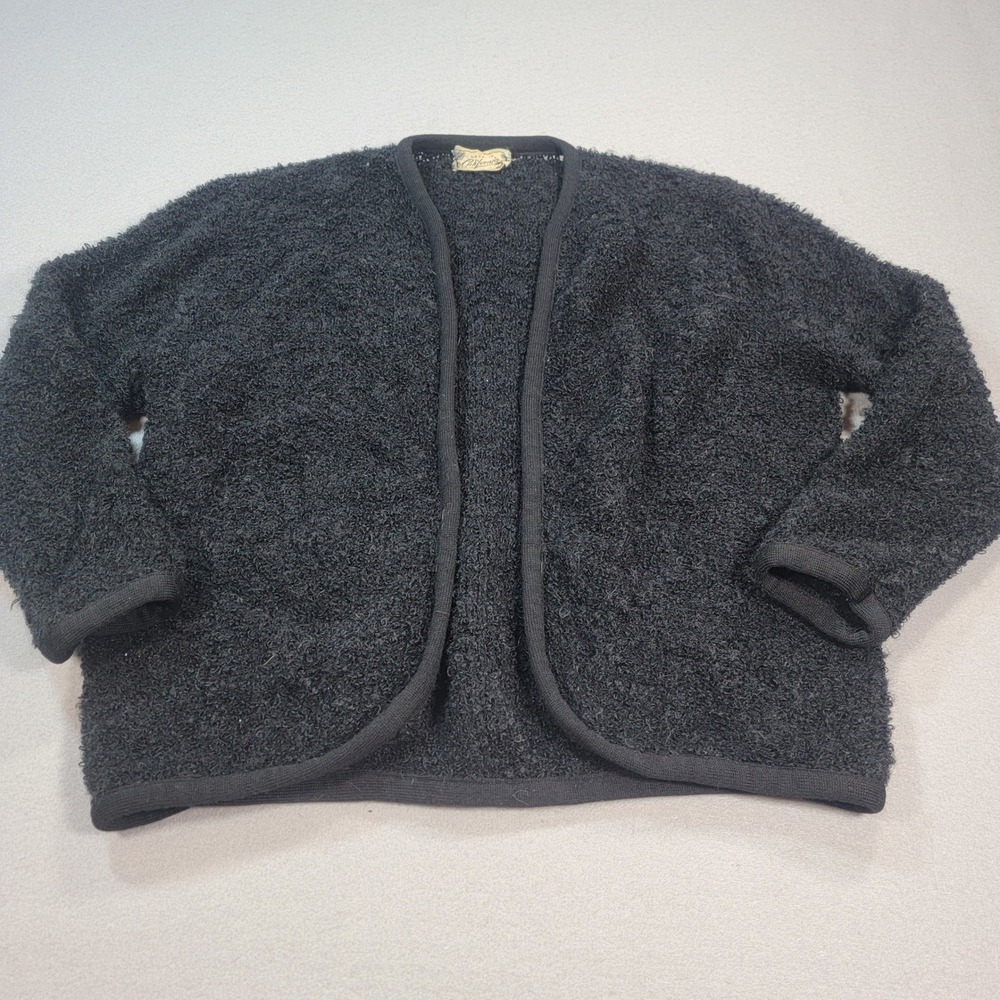 Vintage 70s Made in California Boucle Cardigan Sweater Open Front Black‎ Artsy